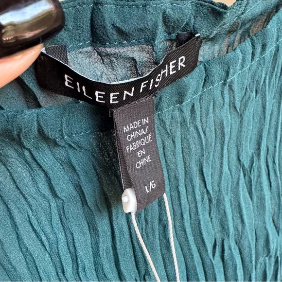 NWT EILEEN FISHER Crinkled Sheer Silk Georgette Bateau Neck Long Top Sz L - Picture 11 of 11